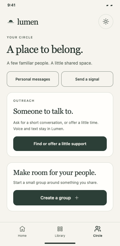 The actual Lumen Circle prototype for chosen messages and trusted connections.