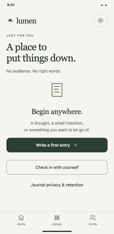 Lumen's actual empty journal: A place to put things down, with a Write a first entry action.