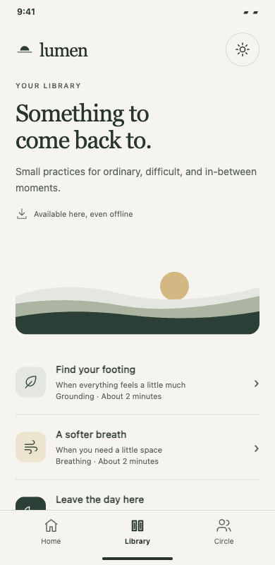 Lumen's actual practice library with Find your footing, A softer breath, and Leave the day here.