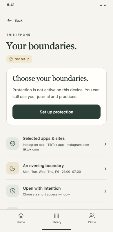 Lumen's actual Protection screen for choosing boundaries and seeing device status.